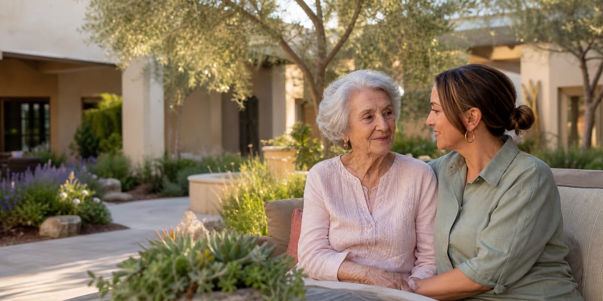 An older woman sharing a warm moment with a caregiver in a peaceful garden