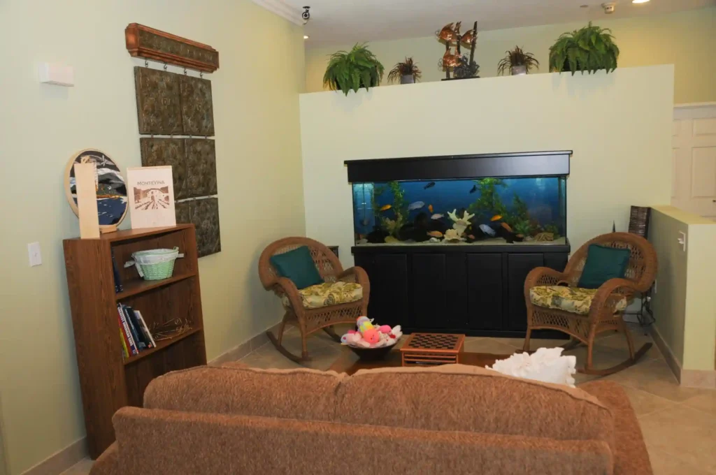 An image of a sitting are in Nevada Memory Care with two chairs and a sofa an aquarium and other things like that.