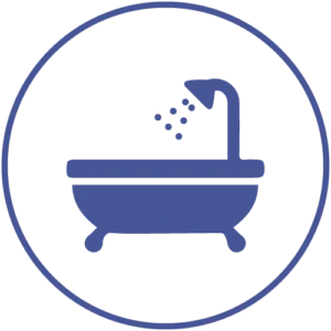A png Circled bordered image which contains a bathing tube with water flowing drops to represent the bathing and showering services at NV Memory Care in Las Vegas