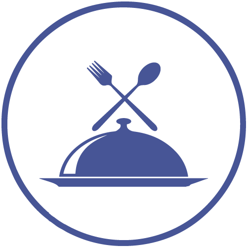 A blue icon with a fork and spoon, symbolizing dining services.