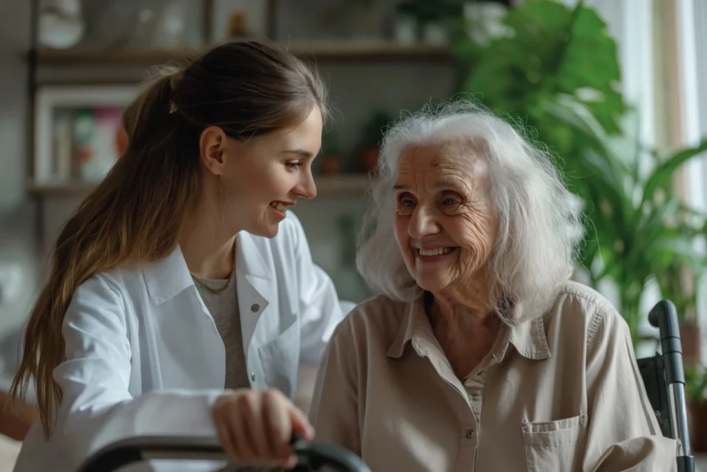 A young woman in a white coat smiles at an elderly woman in a wheelchair, who also smiles. They are indoors with plants in the background, showcasing the warm and caring environment of memory care in Los Angeles.